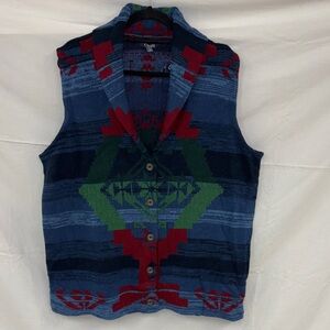 Chaps Blue Shawl-Collar Southwestern Knit Vest with Green & Red Accents
